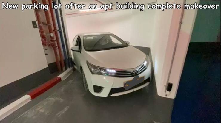 funny pics and random photos - mid size car - New parking lot after an apt building complete makeover