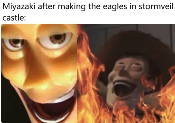 gaming memes - ultimate roast meme - Miyazaki after making the eagles in stormveil castle