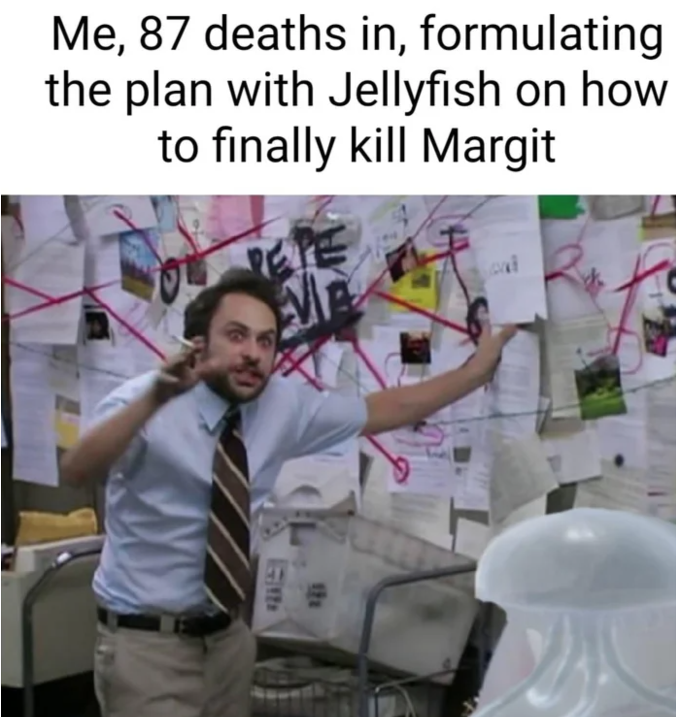 elden ring memes - black mirror writers meme - Me, 87 deaths in, formulating the plan with Jellyfish on how to finally kill Margit