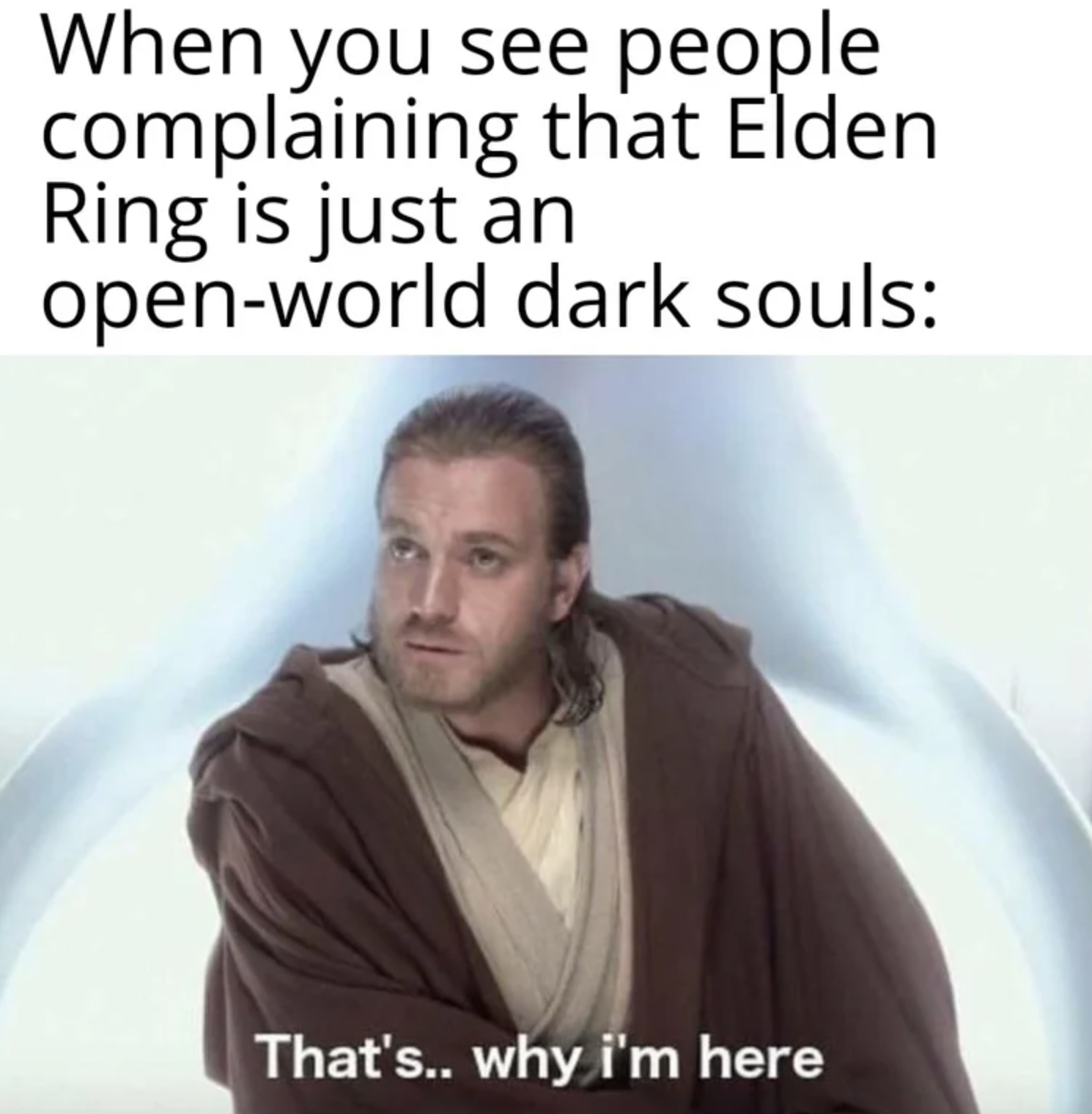 elden ring memes - photo caption - When you see people complaining that Elden Ring is just an openworld dark souls That's.. why i'm here
