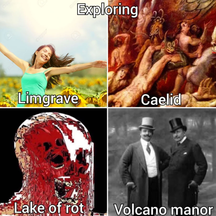 elden ring memes - people in hell - Exploring Limgrave Caelid Lake of rot Volcano manor