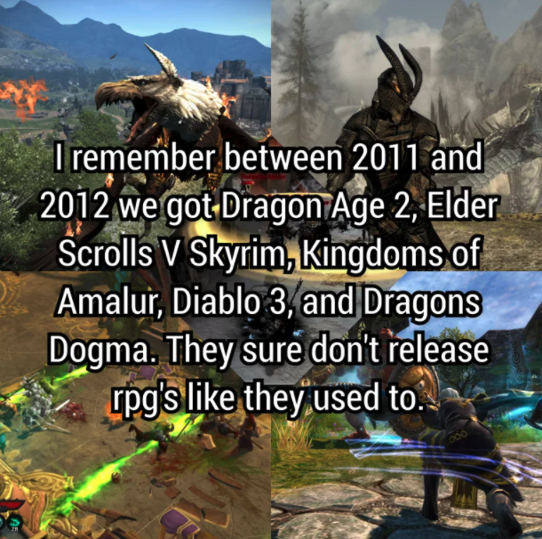 funny gaming memes - pc game - I remember between 2011 and 2012 we got Dragon Age 2, Elder Scrolls V Skyrim, Kingdoms of Amalur, Diablo 3, and Dragons Dogma. They sure don't release rpg's they used to.
