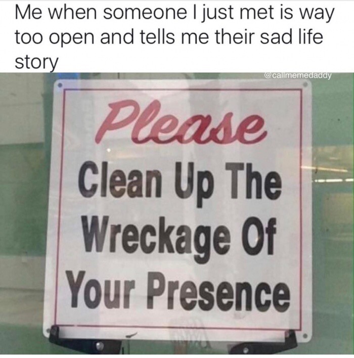 dank memes - clean sad memes - Me when someone I just met is way too open and tells me their sad life story Please Clean Up The Wreckage of Of Your Presence
