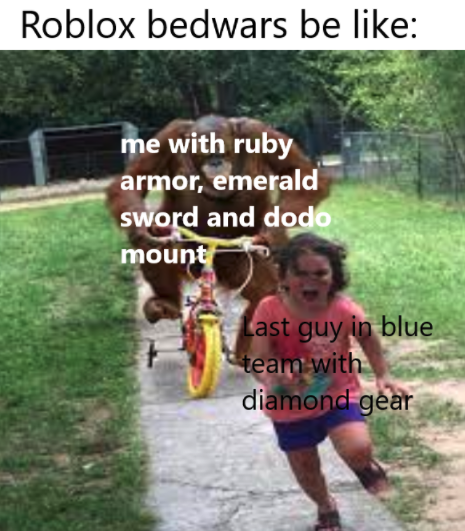 funny gaming memes - gorilla on tricycle - Roblox bedwars be me with ruby armor, emerald sword and dodo mount Last guy in blue team with diamond gear