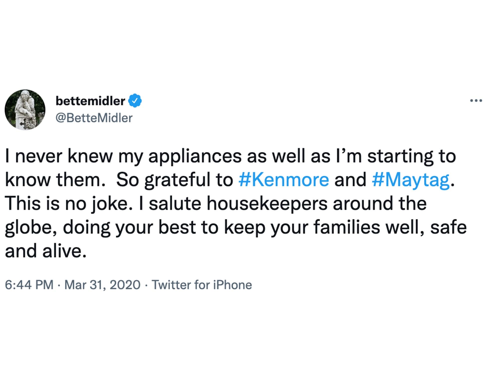 Cringe Celeb Pandemic Content - angle - ... bettemidler Midler I never knew my appliances as well as I'm starting to know them. So grateful to and . This is no joke. I salute housekeepers around the globe, doing your best to keep your families well, safe 