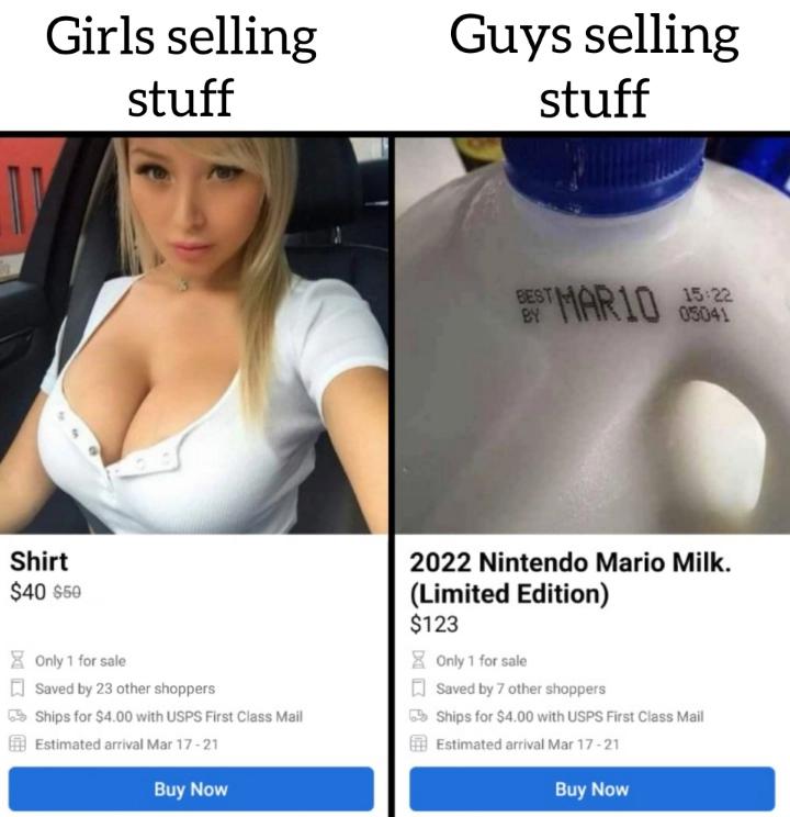 monday morning randomness - photo caption - Girls selling stuff Guys selling stuff BESTMAR10 08041 Shirt $40 $50 Only 1 for sale Saved by 23 other shoppers Ships for $4.00 with Usps First Class Mail Estimated arrival Mar 1721 2022 Nintendo Mario Milk. Lim