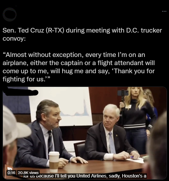 people lying online - presentation - Sen. Ted Cruz RTx during meeting with D.C. trucker convoy Almost without exception, every time I'm on an airplane, either the captain or a flight attendant will come up to me, will hug me and say, 'Thank you for fighti