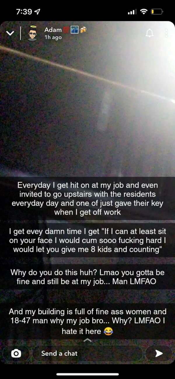 people lying online - screenshot - 1 Adam V 1h ago Everyday I get hit on at my job and even invited to go upstairs with the residents everyday day and one of just gave their key when I get off work I get evey damn time I get "If I can at least sit on your