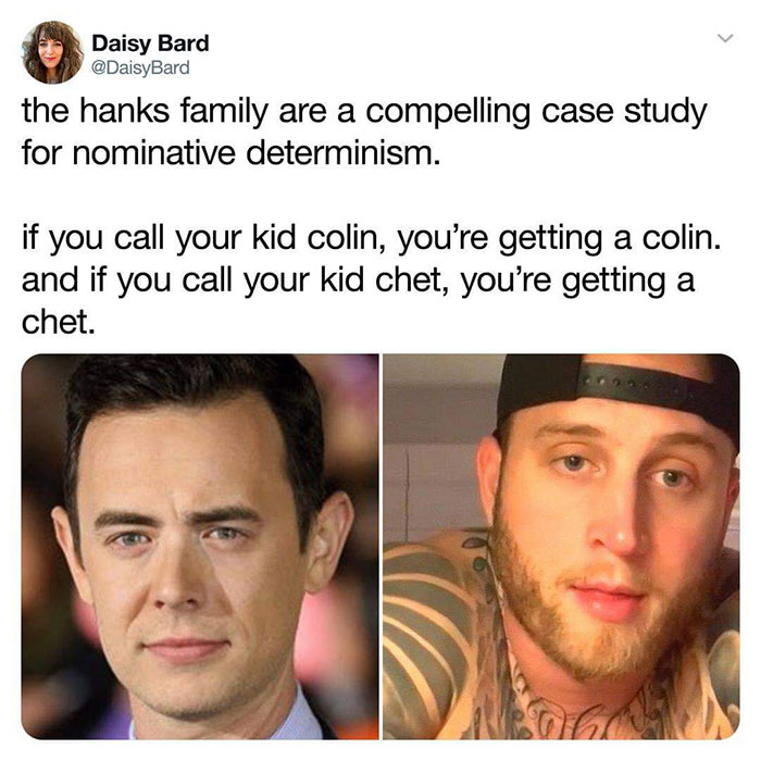 relatable memes -photo caption - Daisy Bard Bard the hanks family are a compelling case study for nominative determinism. if you call your kid colin, you're getting a colin. and if you call your kid chet, you're getting a chet.