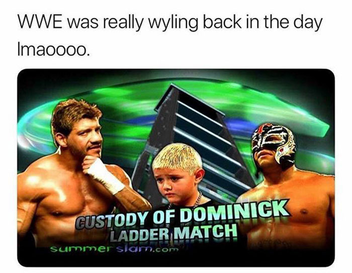 relatable memes -rey mysterio eddie guerrero dominic - Wwe was really wyling back in the day Imaoooo. Custody Of Dominick Ladder Match summer slam.com