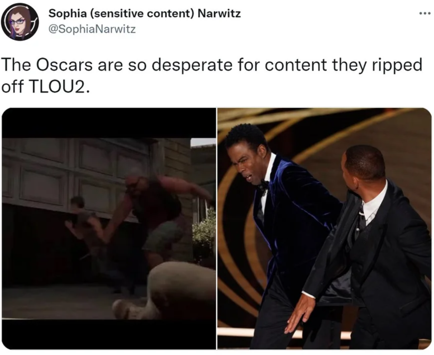 funny gaming memes - Academy Awards - Sophia sensitive content Narwitz The Oscars are so desperate for content they ripped off TLOU2.