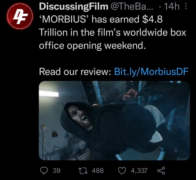 Morbius Memes - it's morbin time - bahtinov mask - DiscussingFilm ... 14h 4 Morbius has earned $4.8 Trillion in the film's worldwide box office opening weekend. Read our review Bit.lyMorbiusDF 39 12 488 4,337 go