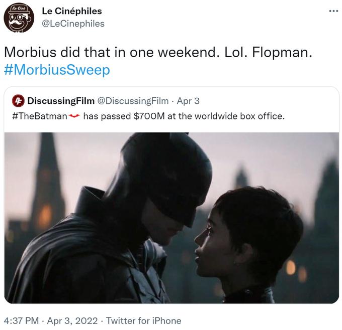 Morbius Memes - it's morbin time - new batman - Le Cine Le Cinphiles Morbius did that in one weekend. Lol. Flopman. 4 DiscussingFilm Apr 3 has passed $700M at the worldwide box offi . Twitter for iPhone