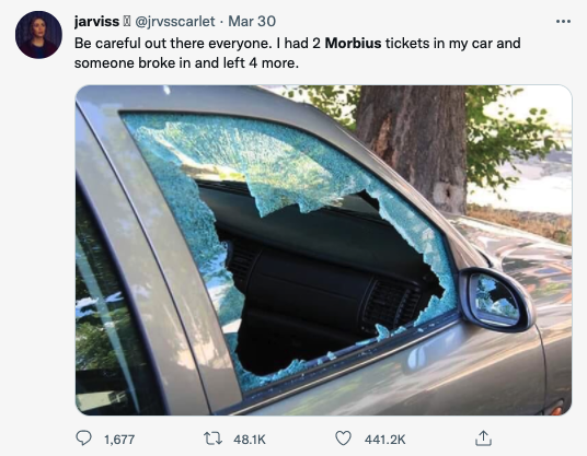 Morbius Memes - it's morbin time - someone broke in my car and left - . jarviss . Mar 30 Be careful out there everyone. I had 2 Morbius tickets in my car and someone broke in and left 4 more. 1,677 t2 1