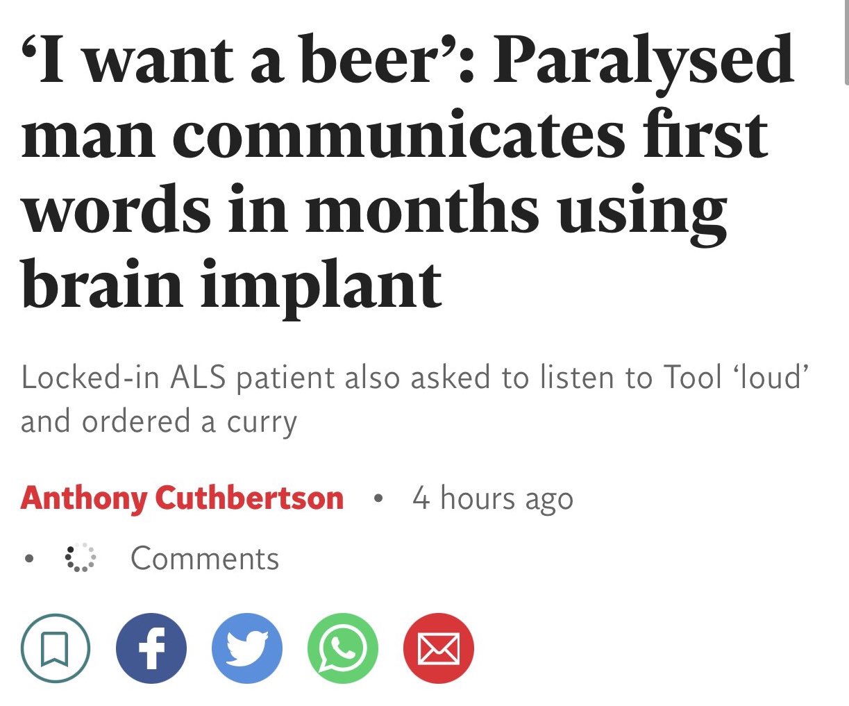 dudes posting wins - lvmh - 'I want a beer' Paralysed man communicates first words in months using brain implant Lockedin Als patient also asked to listen to Tool loud? and ordered a curry Anthony Cuthbertson 4 hours ago a f
