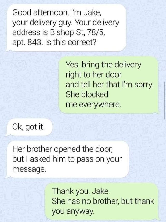 dark memes - edgy memes - m sorry quotes - Good afternoon, I'm Jake, your delivery guy. Your delivery address is Bishop St, 785, apt. 843. Is this correct? Yes, bring the delivery right to her door and tell her that I'm sorry. She blocked me everywhere. O