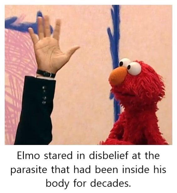awesome randoms and funny memes - elmo memes - Elmo stared in disbelief at the parasite that had been inside his body for decades.