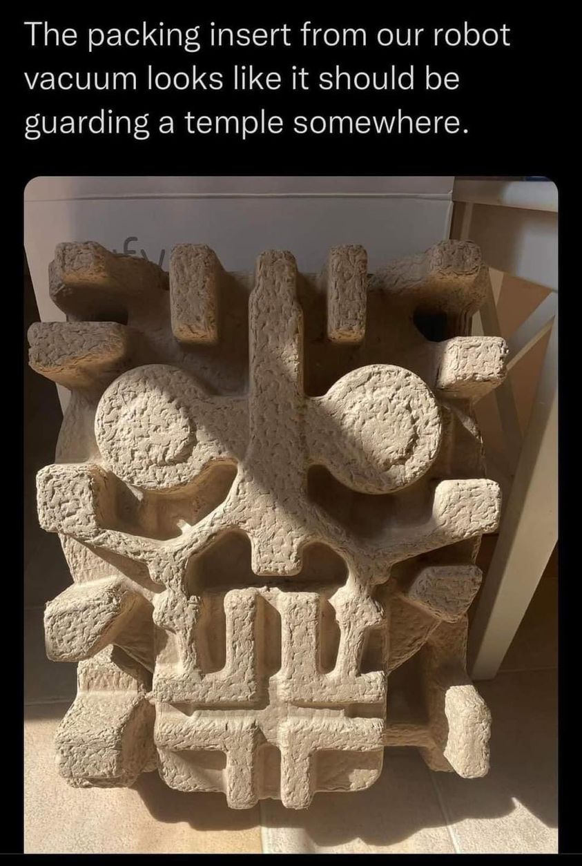 awesome randoms and funny memes - stone carving - The packing insert from our robot vacuum looks it should be guarding a temple somewhere.