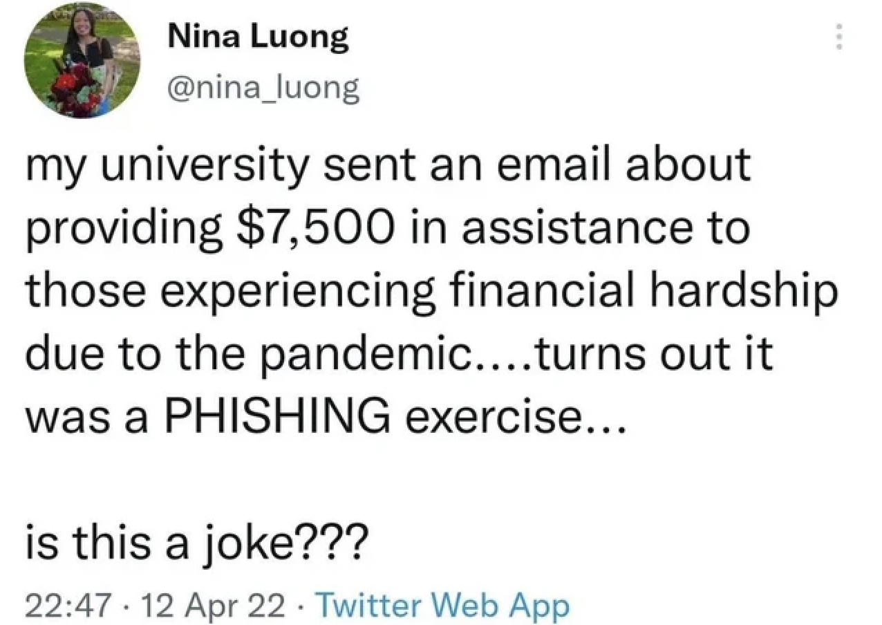 Mildly Annoying Pictures - document - my university sent an email about providing $7,500 in assistance to those experiencing financial hardship due to the pandemic....turns out it was a Phishing exercise... is this a joke???
