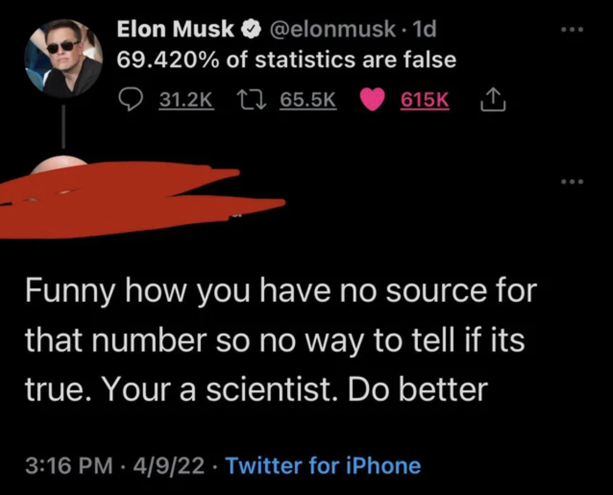 People who didn't get the joke - Elon Musk . 1d 69.420% of statistics are false 12 Funny how you have no source for that number so no way to tell if its true. Your a scientist. Do better