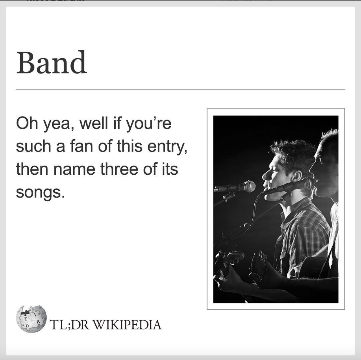 Wikipedia Memes - multimedia - Band Oh yea, well if you're such a fan of this entry, then name three of its songs. Tl;Dr Wikipedia