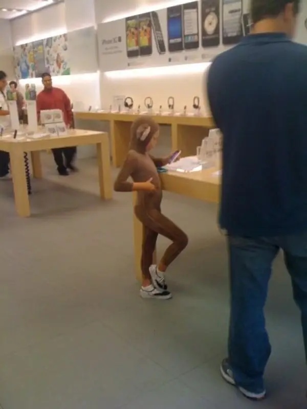 Kids Being Weirdos - little kid in monkey suit at apple store