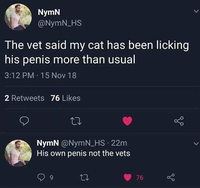 funny comments - screenshot - NymN The vet said my cat has been licking his penis more than usual 15 Nov 18 2 76 27 NymN . 22m His own penis not the vets 99 27 76