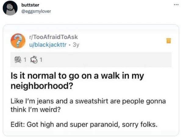 funny tweets - web page - ... buttster rTooAfraidToAsk ublackjackttr. 3y 10 1 $1 Is it normal to go on a walk in my neighborhood? I'm jeans and a sweatshirt are people gonna think I'm weird? Edit Got high and super paranoid, sorry folks.