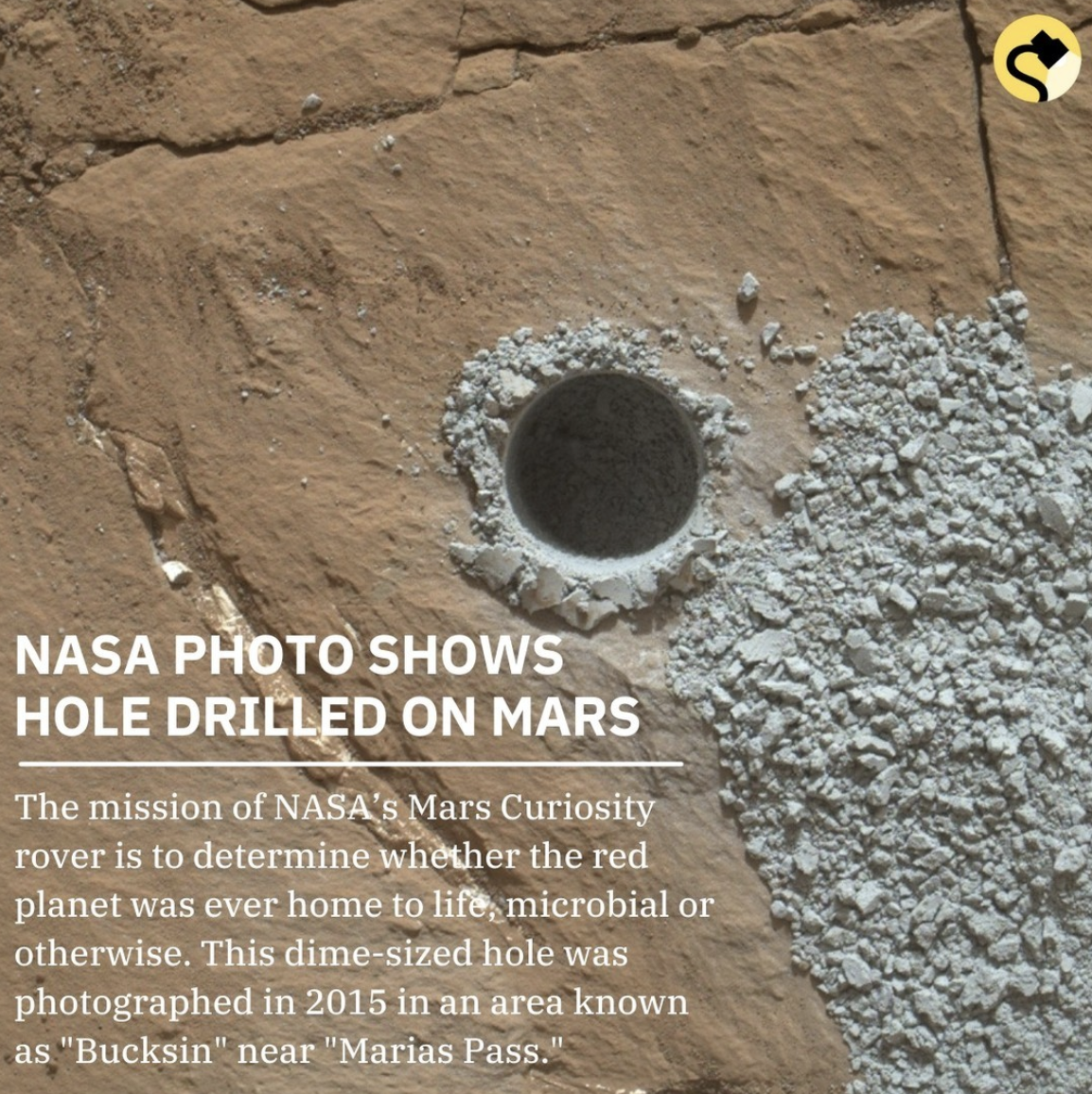 Snopes Facts - hole drilled in mars - Nasa Photo Shows Hole Drilled On Mars The mission of Nasa's Mars Curiosity rover is to determine whether the red planet was ever home to life, microbial or otherwise. This dimesized hole was photographed in 2015 in an