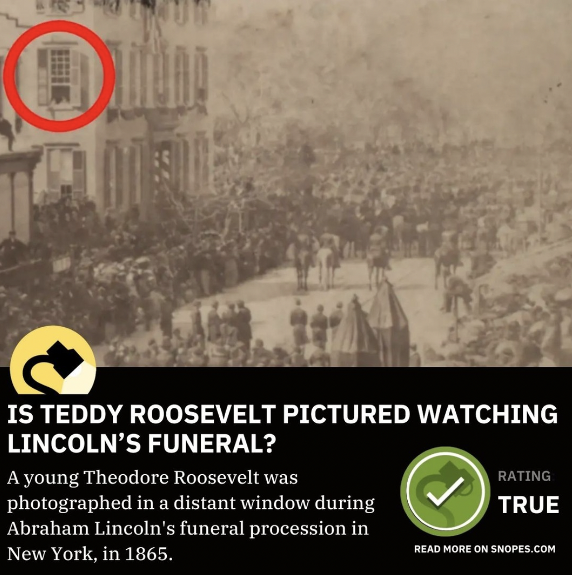 Snopes Facts - teddy roosevelt lincoln funeral procession - Is Teddy Roosevelt Pictured Watching Lincoln'S Funeral? A young Theodore Roosevelt was Rating photographed in a distant window during True Abraham Lincoln's funeral procession in New York, in 186