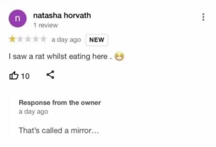 Painful Pictures - openpyxl - n natasha horvath 1 review a day ago New I saw a rat whilst eating here. 10 Response from the owner a day ago That's called a mirror...