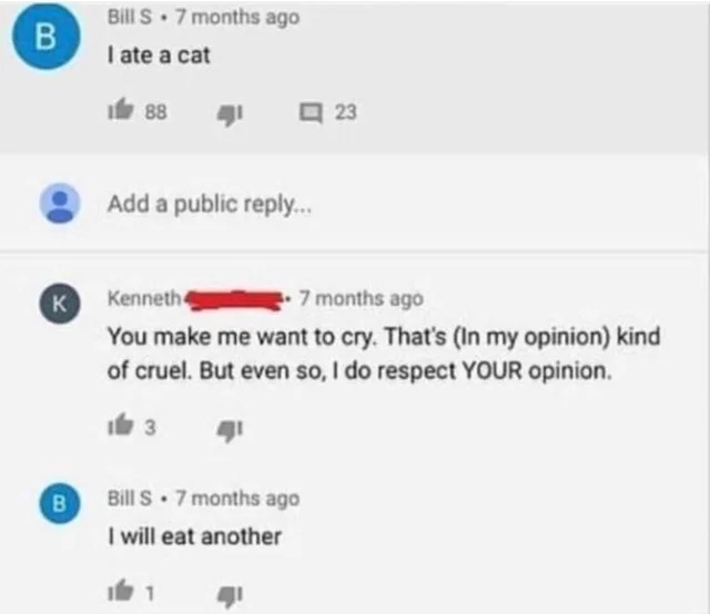Insane YouTube Comments - diagram - Bill S. 7 months ago I ate a cat 188 Add a public ... K Kenneth 7 months ago You make me want to cry. That's In my opinion kind of cruel. But even so, I do respect Your opinion. 3 Bill S. 7 months ago I will eat another