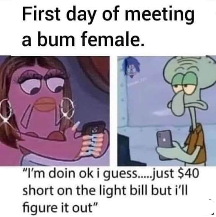 funny memes and random pics - spongebob hoe meme - First day of meeting a bum female. 2 "I'm doin ok i guess.....just $40 short on the light bill but i'll figure it out"
