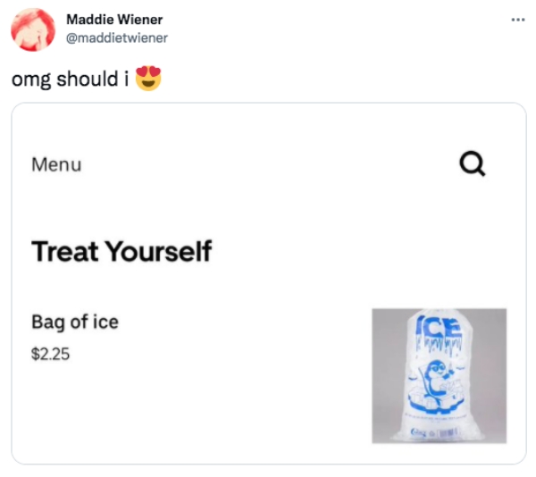 funny tweets - multimedia - Maddie Wiener omg should i Menu Treat Yourself Bag of ice $2.25 Q Ice
