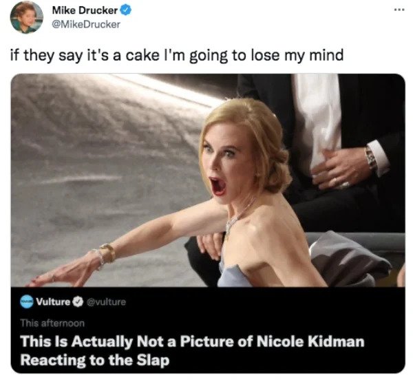 funny tweets - nicole kidman will smith slap - Mike Drucker if they say it's a cake I'm going to lose my mind Vulture This afternoon This Is Actually Not a Picture of Nicole Kidman Reacting to the Slap