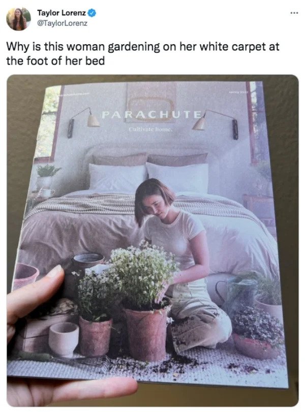 funny tweets - parachute cultivate home - Taylor Lorenz Why is this woman gardening on her white carpet at the foot of her bed The Parachute Cultivate home.
