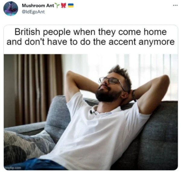 funny tweets - british people when they come home and don t have to do the accent anymore - www Mushroom Ant British people when they come home and don't have to do the accent anymore imgflip.com
