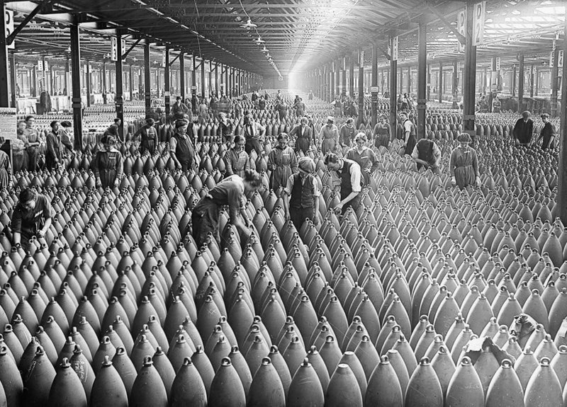 Rows of artillery shells at the National Filling Factory in Chilwell. During WW1 1917
