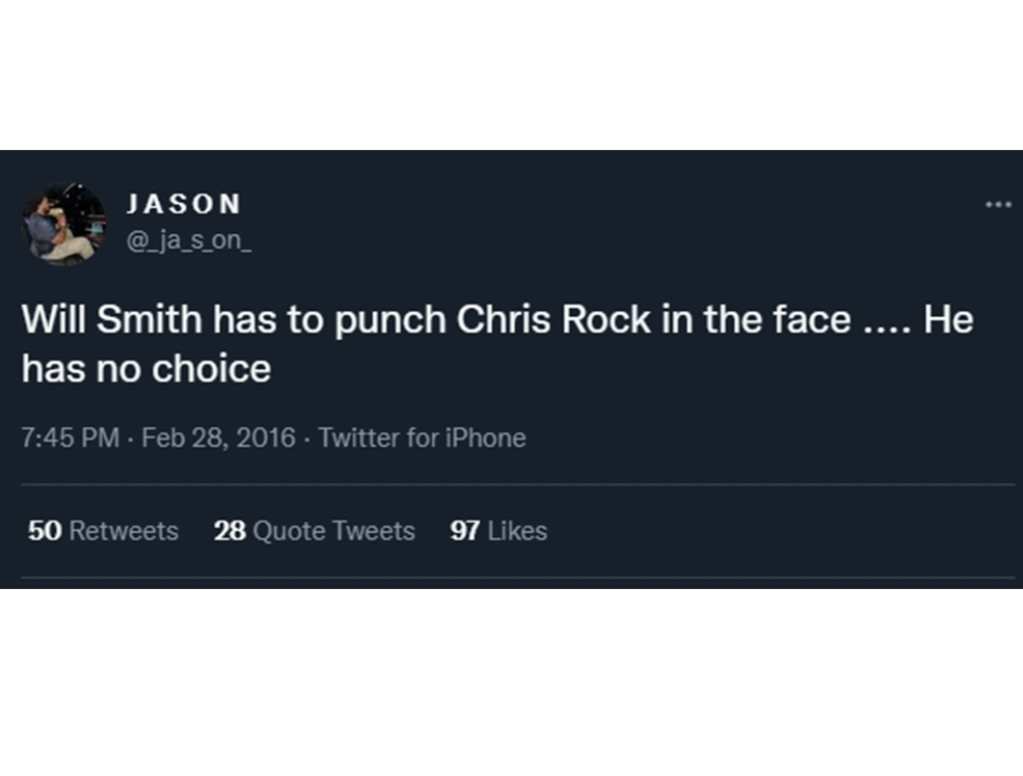 Posts that aged well - multimedia - Jason Will Smith has to punch Chris Rock in the face .... He has no choice Twitter for iPhone 50 28 Quote Tweets 97