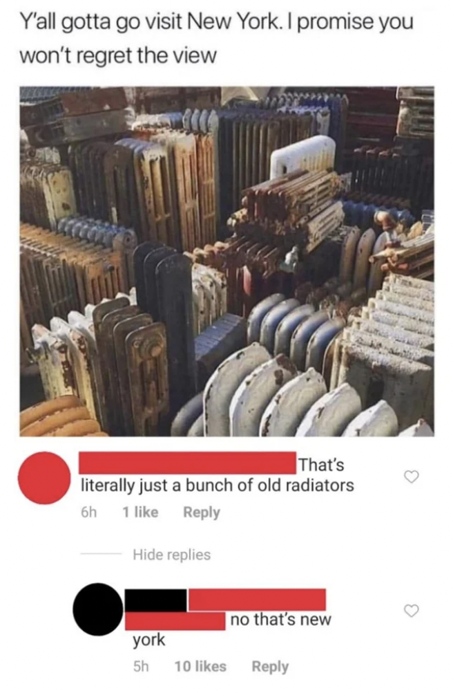 memes new york - Y'all gotta go visit New York. I promise you won't regret the view That's literally just a bunch of old radiators 6h 1 Hide replies no that's new york 5h 10