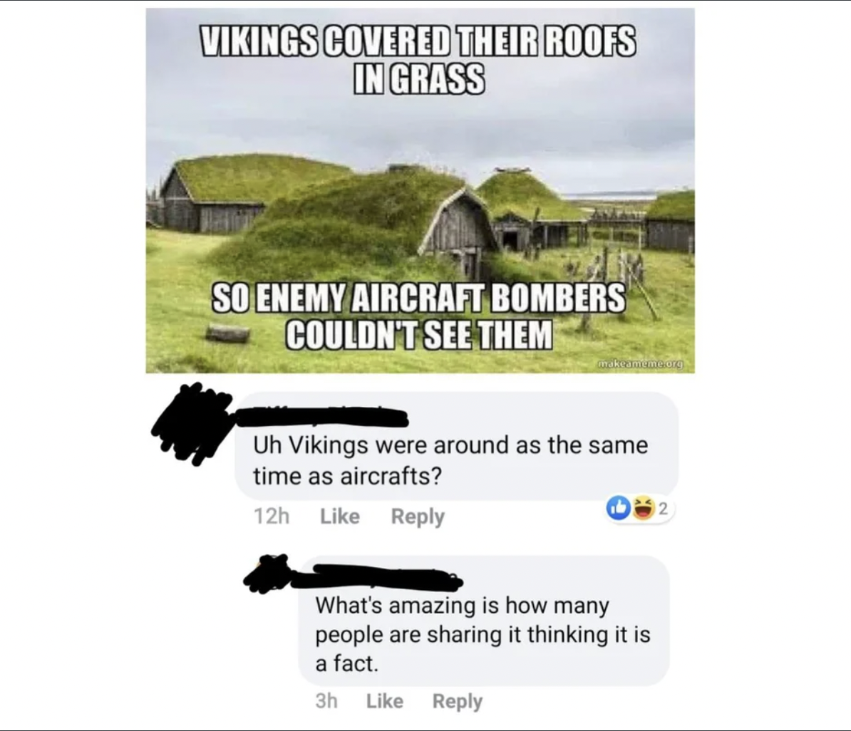 grass - Vikings Covered Their Roofs In Grass So Enemy Aircraft Bombers Couldn'T See Them Uh Vikings were around as the same time as aircrafts? 12h What's amazing is how many people are sharing it thinking it is a fact. 3h