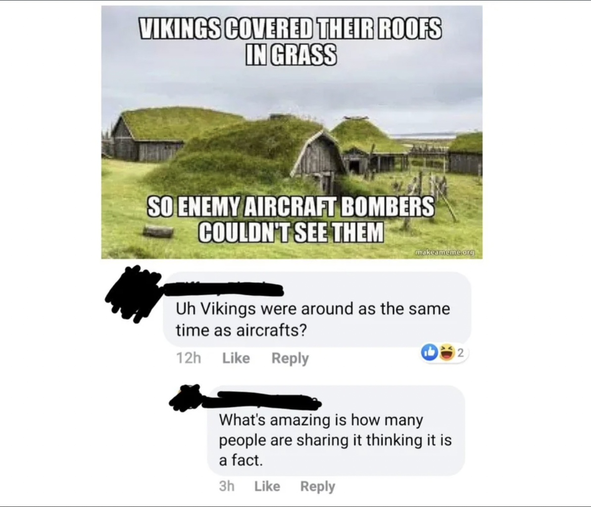 Missed Joke - Vikings Covered Their Roofs In Grass So Enemy Aircraft Bombers Couldn'T See Them Uh Vikings were around as the same time as aircrafts? 12h What's amazing is how many people are sharing it thinking it is a fact.