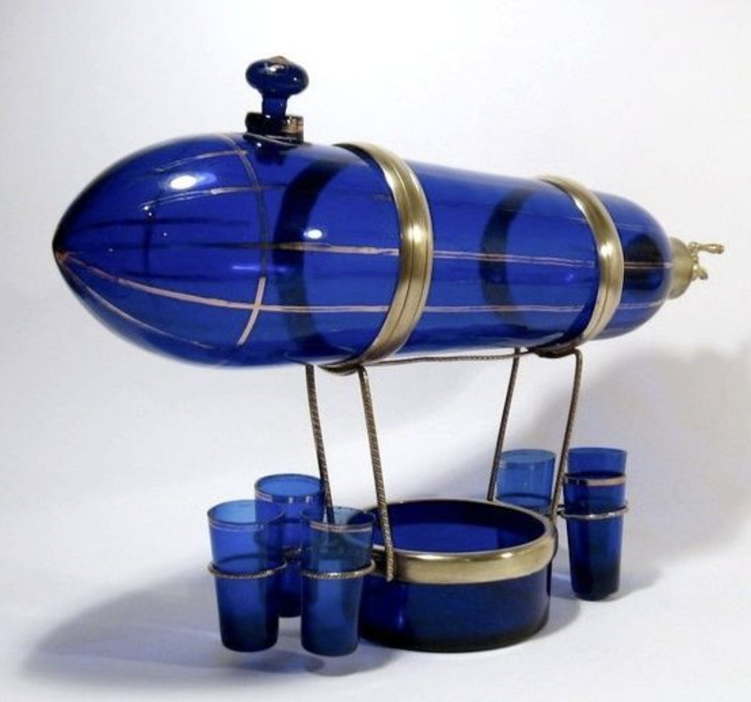 awesome ancient artifcats - 1920s zeppelin cobalt blue glass decanter shaker set