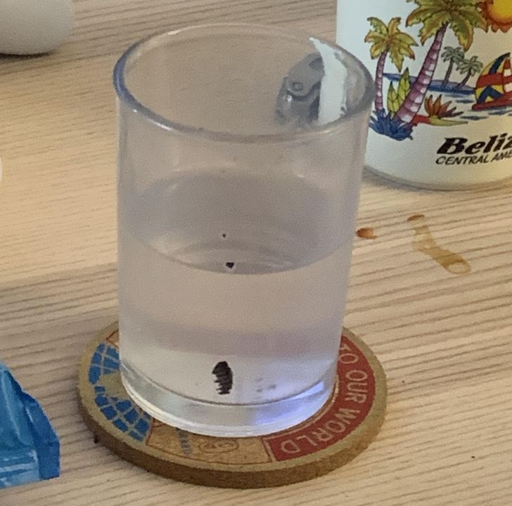 "Instead of rinsing his cup between drinks, my boyfriend will just refill it with whatever since it “mixes in his stomach anyway”. pictured is his glass of “water” after milk and oreos."