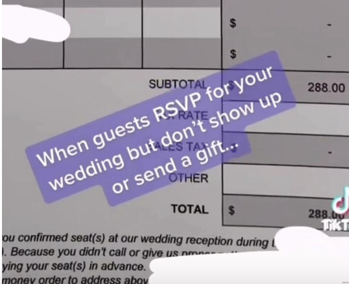 Trashy Weddings Moments - jonathan ive - $ $ Subtotal 288.00 Other When guests Rsvp for your wedding but don't show up or send a gift... Total $ 288.lv Wiki ou confirmed seats at our wedding reception during 1 Because you didn't call or give us nmna ying 