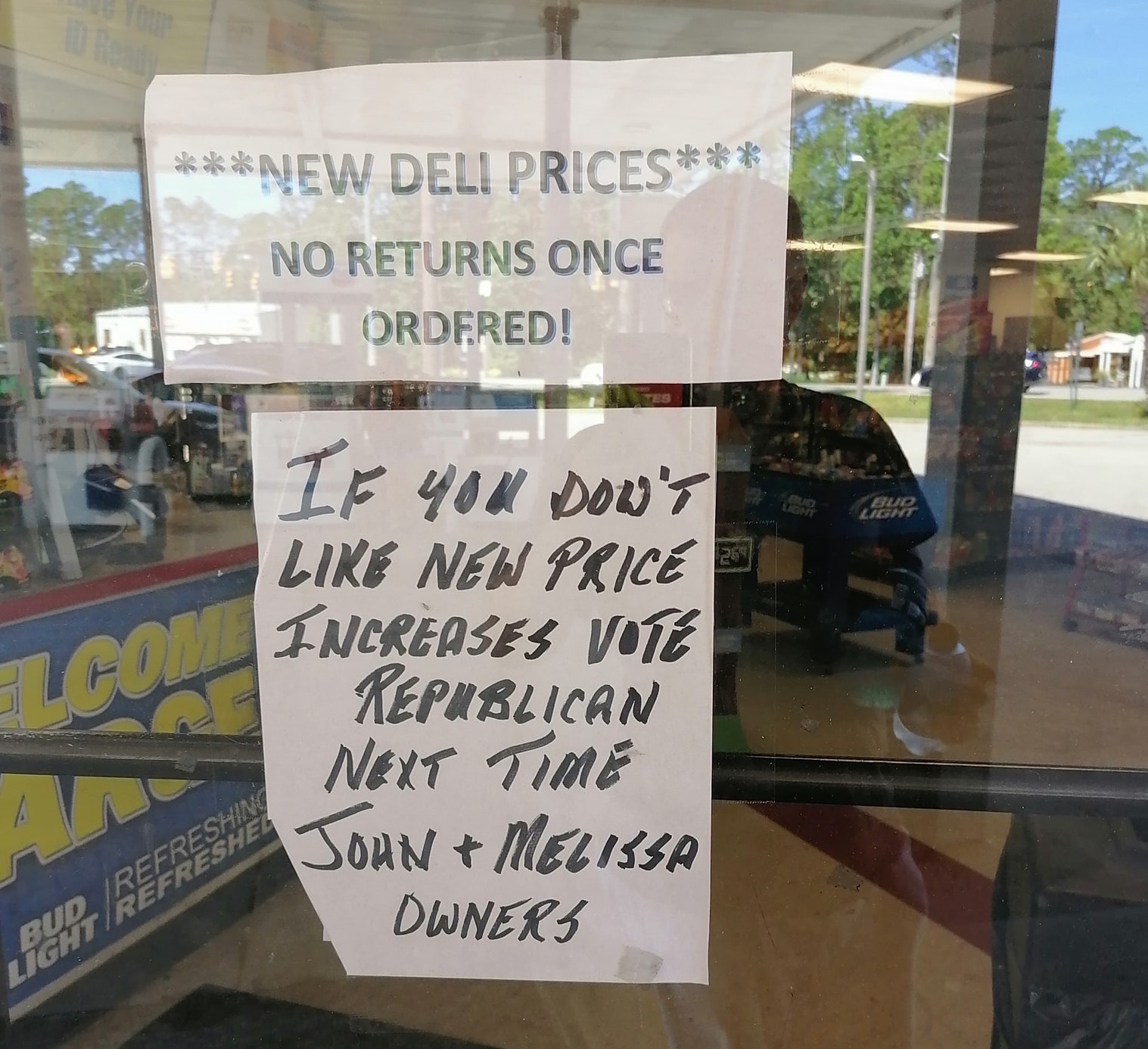 Horrible Management - car - Dute New Deli Prices A. No Returns Once Ordered! Tomt If You Don'T New Price Bud Light Lco Increases Vote Republican Next Time Joan Melissa Dwners Bud Refreshin LightRefresher
