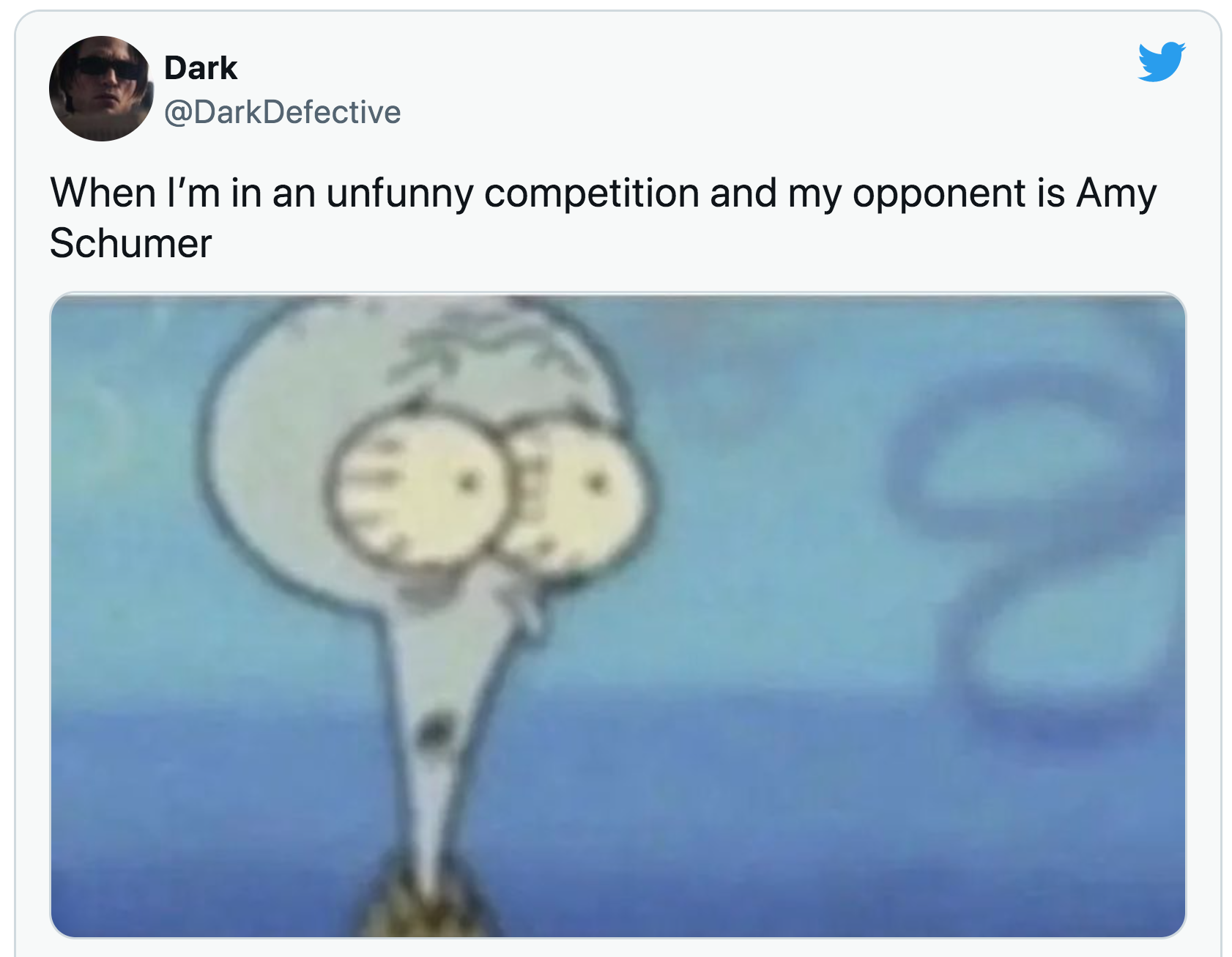 Amy Schumer Oscars Joke - squidward competition meme template - Dark When I'm in an unfunny competition and my opponent is Amy Schumer