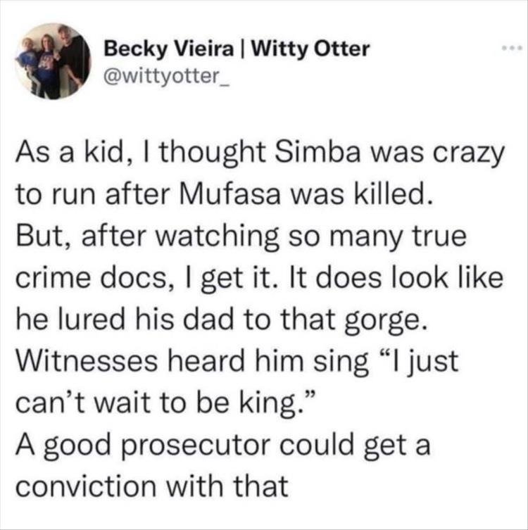 funny pics and memes - paper - Becky Vieira | Witty Otter As a kid, I thought Simba was crazy to run after Mufasa was killed. But, after watching so many true crime docs, I get it. It does look he lured his dad to that gorge. Witnesses heard him sing I ju