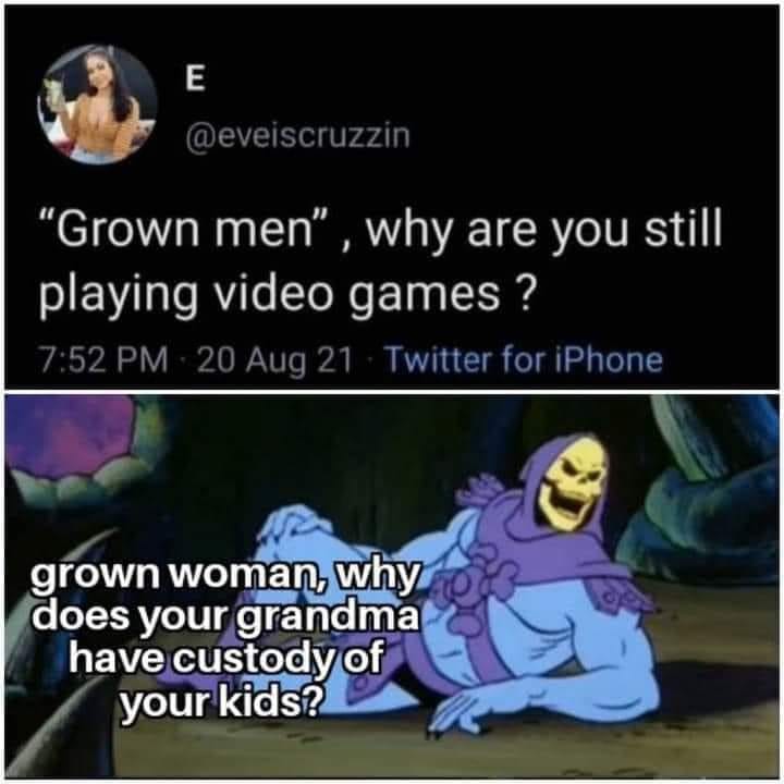 funny pics and memes - skeletor until we meet again memes - E "Grown men, why are you still playing video games ? 20 Aug 21 Twitter for iPhone grown woman, why does your grandma have custody of your kids