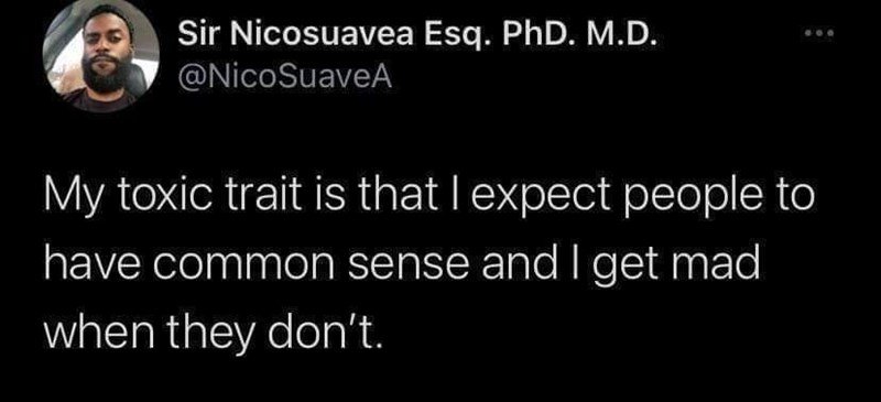 funny pics and memes - syndicalist memes - Sir Nicosuavea Esq. PhD. M.D. My toxic trait is that I expect people to have common sense and I get mad when they don't.